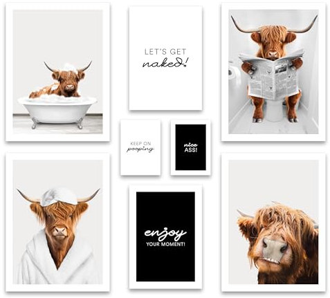 ARTFAVES® Poster Set - FUNNY BATHROOM - mehrteilige Wanddeko Wohnzimmer & Schlafzimmer - 8 moderne Wandbilder Hochlandrind, WC Badezimmer Toilette Bilder, witzige Deko - ohne Bilderrahmen