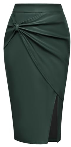 Belle Poque Women’s Vintage Leather Pencil Skirt, Elegant Business Skirt, dark green, M