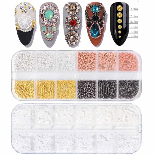 GZMAYUEN Perles Caviar Ongle Nail Art, 1.0/1.2/1.5mm 3D Nail Metallique Bille Caviar, Mélange Blanc Décoration Ongles Perles Bijoux Ongles Nail Art