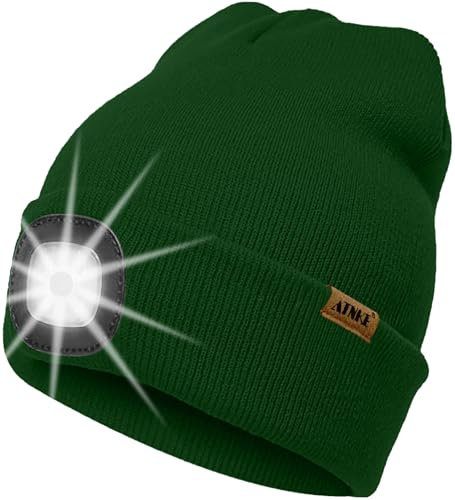 ATNKE LED Beleuchtete Mütze mit Licht,Wiederaufladbare USB 4 LED Beleuchtete Laufmütze Extrem Heller Lampe Winter Warme Stricken Mütze Technik Geschenke für Herren und Damen/Green
