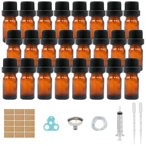 5ml-24Stk Braunglasflasche, Tropfflasche aus Glas Bernsteinglasflasche Apothekerflasche Set inkl.kleine Glasflaschen Tropfereinsatz Verschluss Trichter Spritze Etikett Hilfsmittel (Braun, 5ml-24Stk)