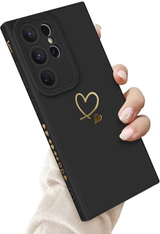 Newseego Handyhülle Samsung Galaxy S24 Ultra 5G Hülle für Frauen Mädchen, Gold Herz Muster Weich Silikon Hülle Ultra Dünn Niedlich Herz Rand Kamera Schutzhülle für Samsung S24 Ultra-Schwarz