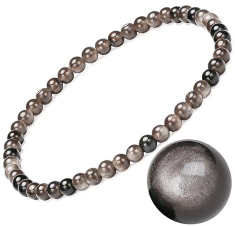 Damen-Naturstein-Armband, Turmalin, Tigerauge, Obsidian,Achat-Kristallstein-Armband,QUALITÄT A, 7,2 Zoll, 4/6/8 MM, (Silber-Obsidian-Armband,4MM)