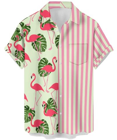 Camicia da uomo a maniche corte con bottoni, colletto con stampa astratta, casual, da spiaggia, Rosa fenicottero a righe, XX-Large