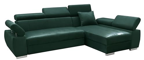 MEBLE-LUX - Ecksofa OTTO, Eckcouch mit Schlaffunktion, Federkern, Verstellbare Kopfstützen, Einfacher Klappmechanismus, Bettfunktion, Zusätzlicher Stauraum, Plüsch Grün, Rechts