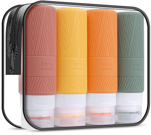 Hmeuest Travel Bottles for Toiletries, 100ml Silicone Travel Bottles Set, Leakproof Refillable Squeeze Travel Size Toiletries Containers for Shampoo, Shower Gel (4 Pack)