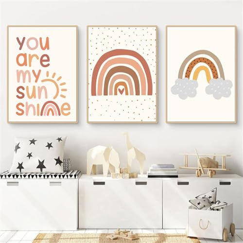 Herfair 3er Set Poster für Kinderzimmer Boho Deko Bilder Babyzimmer - Wandbilder Schlafzimmer Sonne Regenbogen Babyzimmer Wanddeko Mädchen Junge ohne Rahmen (C,30x40cm)