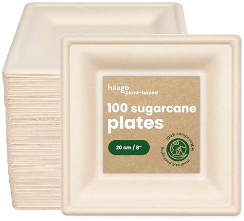 HAAGO 200 Compostable Sugarcane Plates, 8 / 20 cm Square – Strong Heavy-Duty Paper Plates – Biodegradable Disposable Party Plate for Hot & Cold Food, Picnics, BBQ & Takeaway