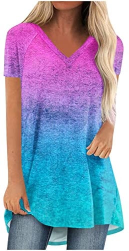 Oversize Lang Pullover Damen Longshirt Kurzarm T-Shirt Sommer Oberteile Elegant Einfarbig Tshirt Longbluse Große Größe V-Ausschnitt Longtops Loose Fit Bluse Shirts Übergröße Lose Pulli Geschenk