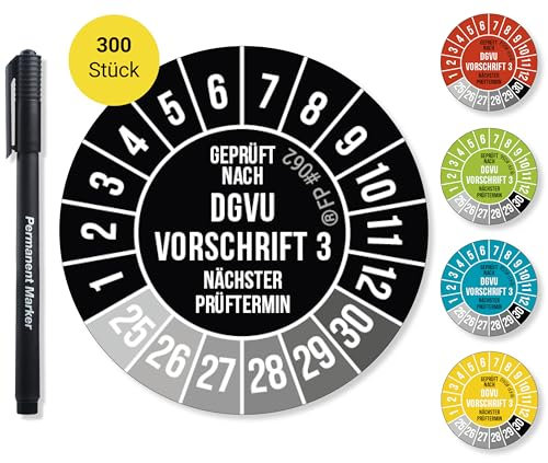 Frank Paperman® 300x DGUV V3 Prüfplaketten schwarz/weiss 30 mm Durchmesser inkl. Folienstift, Prüfplaketten Nächster Prüftermin, UV-beständig, Hohe Klebkraft, 5 Farben, 2 Größen
