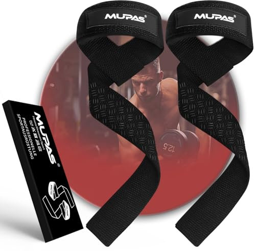 MUPAS Zughilfen für Krafttraining & Bodybuilding (gepolstert) – Profi Lifting Straps 58.5cm Länge–Rutschfestes Silikon– Gym Straps für Fitness,Kreuzheben,Weightlifting (Schwarz)