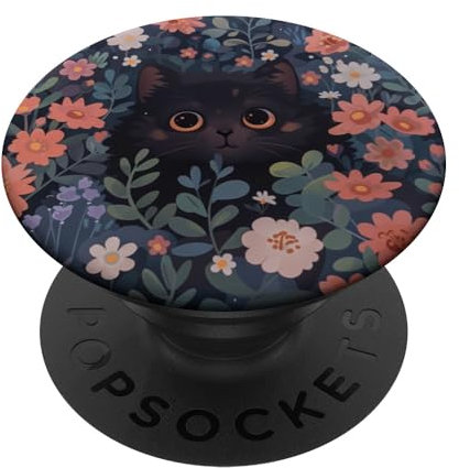 Black Cat Hiding in Wild Spring Flowers Floral Graphic PopSockets Adhesive PopGrip