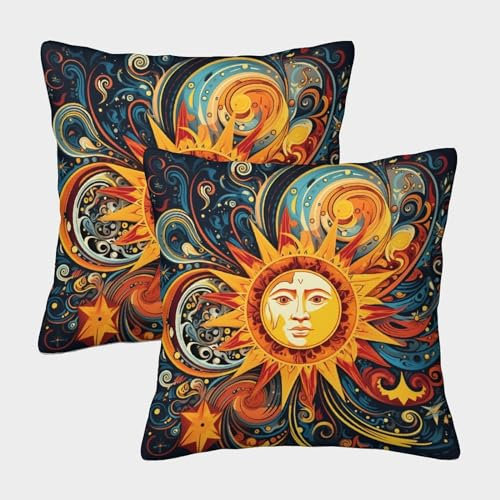 Bohemian Sun Kissenbezug Outdoor Dekokissen Folk Art Kissenbezüge Weicher Polyester Kissenhülle Für Sofa Couch Bett Auto Garden Terrasse 2er Set 45x45cm