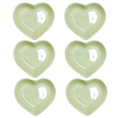Pirhosigma 6 pcs Light Green Heart Shaped Porcelain Soy Sauce Dish Snack Bowl Ceramic Dip Dipping Bowls 1.65 oz for Dinner Baking BBQ and Cooking