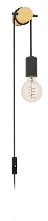 EGLO Wandlampe innen Buddon, Wandleuchte Vintage Natur, Wandbeleuchtung mit Stecker und Schalter, helles Holz und schwarzes Metall, FSC zertifiziert, E27 Fassung