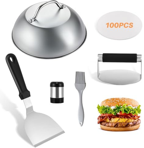 Kit Smash Burger Professionale in Acciaio Inossidabile, Con Pressa Burger, Cupola per Sciogliere il Formaggio, Spatola per Grill, Pennello e Carta per Hamburger, Kit Smash Burger per Burger Barbecue