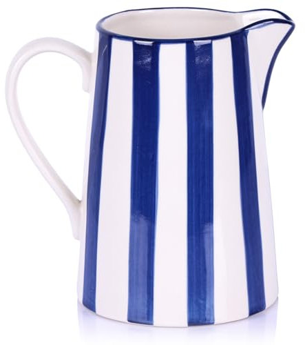 oliruim Vase pichet en céramique bleu et blanc avec poignée, peint à la main de style bohème pour décoration de ferme, centre de table, cuisine, bureau (rayures)