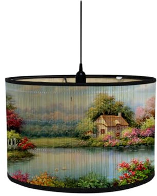 FANSU Vintage Bamboo Lamp Shades for Table Lamps, Round Drum Light Shade Woodsy Decor Pendant Lampshades,Pattern Chandelier Lamp Covers Ceiling Lampshade (30 * 20cm,Garden)