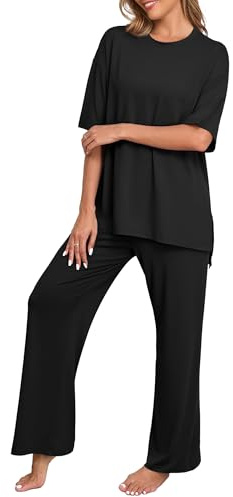 PrinStory Womens Pajamas Sets 2 Piece Lounge Set Short Sleeve Tops and Long Pants Soft Pjs Loungewear with Pockets Black-L
