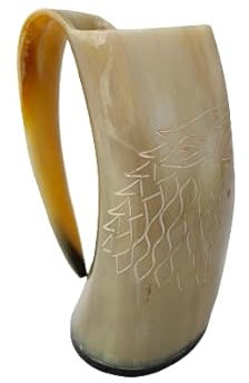 Chope en corne de bière authentique avec fond en bois dur et anneau gravé