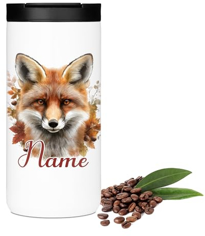 GRAZDesign Thermobecher Fuchs Herbst personalisiert, Reisebecher mit Namen, Isolierbecher 400ml für Kaffee und Tee, Edelstahl, Geschenk für Tierliebhaber