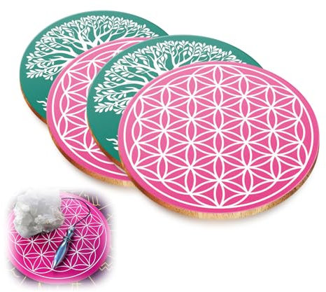 4 pcs Fleur de Vie en Bois pour la méditation (15 X 15 cm), Arbre de Vie Bois pour Recharger Pierres et Pendules Divinatoires, déco Fleur de Vie (4)