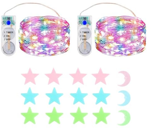 MUXIJIA 2x2M 20 LED Mini Lichterkette Innen Außen mit Timer Batterie für Party Hochzeit Weihnachten Beleuchtung Deko, mit Sterne Fluoreszierende Wandsticker