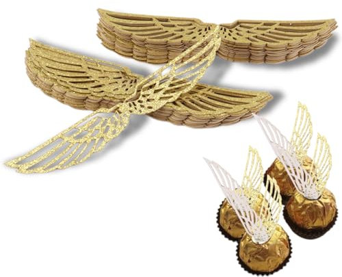 OIGWBPH Lot de 50 pièces Ailes Dorées pour Décoration de Gâteau,Anniversaire,Bonbons,Cupcakes,Fêtes à Thème,Harry Potter Magique (Doré)