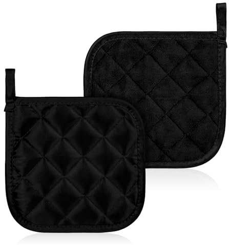 2pcs Hot Pot Holders for Kitchen Cotton Oven Heat Resistant Potholder 17cm/6.69inch Large Pot Holders Coasters Baking Square Oven Mitts for Kitchen and Baking Hot Pots Holder for Kitchens (Black)