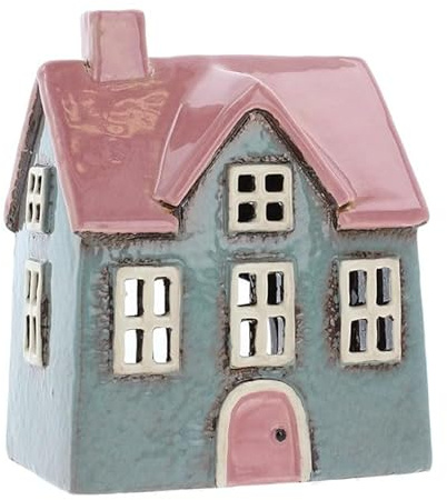 Lichthaus | Teelichthaus | Lichterhaus | Teelichthalter | Kerzenhalter | Keramik (Hellblau/Rosa 15,5x13x10 cm)