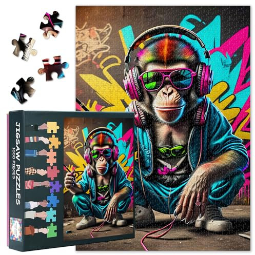 Puzzle 1000 Teile - DJ AFFE Mit Kopfhörer Und Sonnenbrille 1000 Puzzle, Geschicklichkeitsspiel für Die Ganze Familie, Buntes Legespiel, Erwachsenenpuzzle ab 6 Jahre Fertige Größe 50x70cm