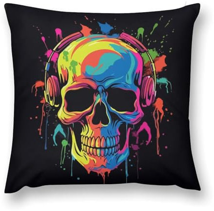Zierkissenhülle 45X45Cm Buntes Hip-Hop-Totenkopfmuster Zierkissen Bedruckt Reißverschluss Dekokissen Für Bed, Schlafzimmer, Sofa