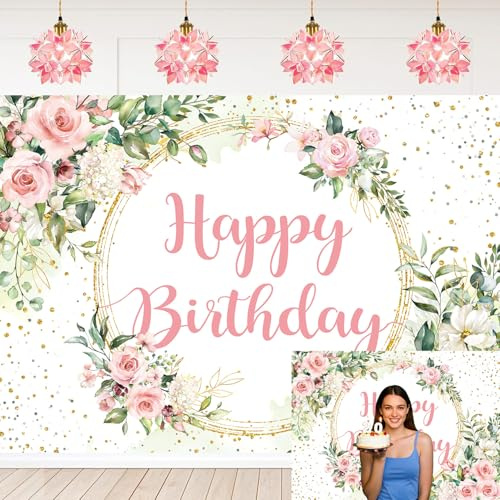 Toile de fond « Happy Birthday » avec feuilles d'eucalyptus | Fond de photographie « Happy Birthday » avec fleurs roses pour fête prénatale ou fête prénatale
