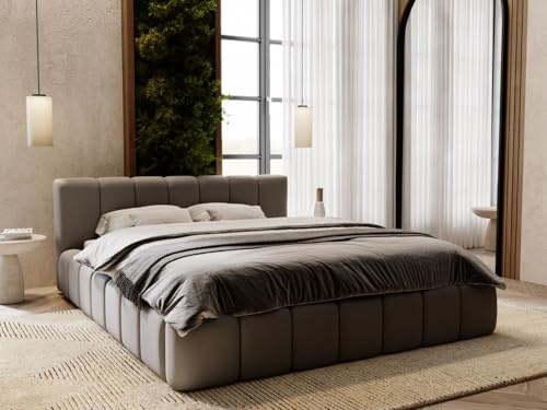 GRAINGOLD Split Bett 140x200, Polsterbett mit Bettkasten, Polsterbett mit Stauraum, Samt, mit Lattenrost, mit Kopfteil, ohne Matratze (Grau, 140x200)