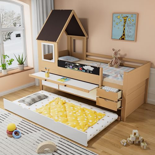 EINHOM Kinderbett 90x200 & 90x190 cm, Etagenbett mit Schubladen und Ausziehbett, Baumhausbett mit Ausziehtisch, Rahmen aus Kiefer, Graffiti-Tafel, Kiefer+MDF, Weiß+Natur, Ohne Matratze