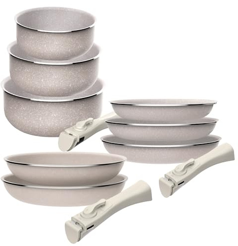 8-teiliges Set: 5 Pfannen Ø 18 x 20 x 24 cm x 28 cm und 3 Töpfe Ø 16 x 18 x 20 cm aus gepresstem Aluminium mit ILAG-Beschichtung mit 2 abnehmbaren Griffen
