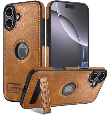 BinBoom Leather Case for iPhone 17, with Kickstand, Brown | Thin Flexible Soft Grip, Luxury Retro PU Leather + TPU Cover, Shockproof Drop Protection