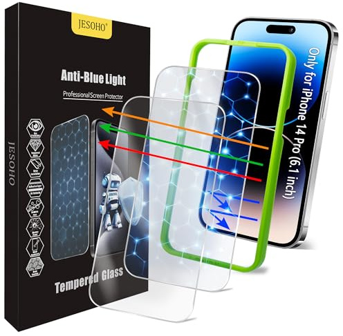 JESOHO Blue Light Blocking Screen Protector for iPhone 14 Pro 6.1 Inch | 2 Pack Colorless Blue Light Blocking Tempered Glass Film, Eye Protection, Case Friendly, No Bubble,Easy Installation Kit.