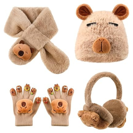 Zosutetoxo 4 stück Kinder Mütze Schal Set Mädchen mit Handschuhen, kuscheliges Capybara Design für warme Winter, atmungsaktiv, ideales Geschenk