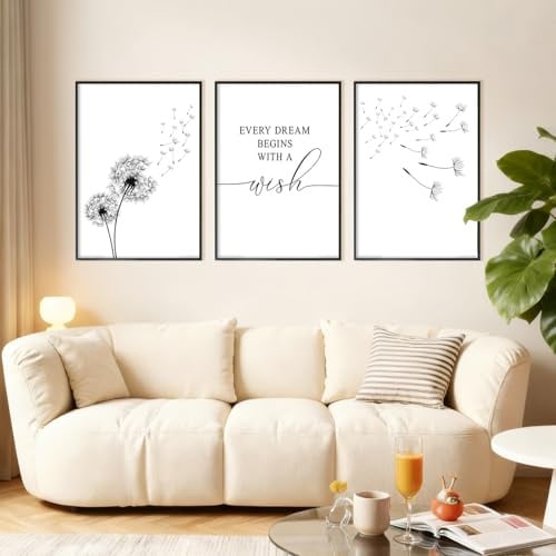 OJTOJT 3 Leinwandbilder 30 x 40 cm mit Löwenzahn-Motiv, Rahmenlos als Deko | 3 Ungerahmte Wandbild mit Löwenzahn-Motiv in Schwarz-Weiß, Modern Poster Set für Wohnzimmer, Schlafzimmer, Büro und Café