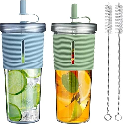 Lot de 2 gobelets de 700 ml, avec couvercle et paille, en plastique, avec couvercle et paille, gourde avec paille, pour smoothie, café glacé (vert, bleu)