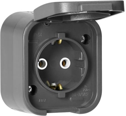 Miratic Aufputz Steckdose Typ F Schuko IP54 16A - Einzelne Feuchtraum Steckdose Aufputz Spritzwassergeschützt Mit Klappe Für Garagen Werkstätten Industrieanlagen (Grau)
