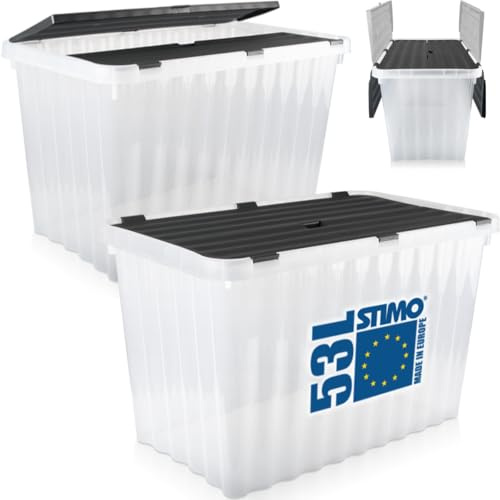 Stimo 2x 53L Aufbewahrungsbox mit klappbarem Deckel große Ordungsbox Kunststoffbox Transparent Kiste Box