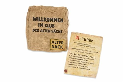 STUWU Alter Sack Geschenkset – Jutesack + Urkunde – lustiges Geburtstagsgeschenk zum 50. 60. 70. Geburtstag – Willkommen im Club der alten Säcke