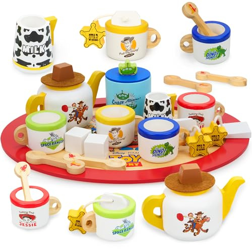 Disney Toy Story Wooden Tea Set for Kids – 14 Piece Pretend Play Tea Party Set with Tray, Teapot, Cups & Accessories, Safe & Durable Wooden Toys, Kitchen Playset Gift for Kids Ages 3+