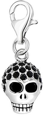 Quiges Charms Anhänger Versilbert Totenkopf mit Schwarz Zirkonia Versilbert Damen Schmuck für Bettelarmband
