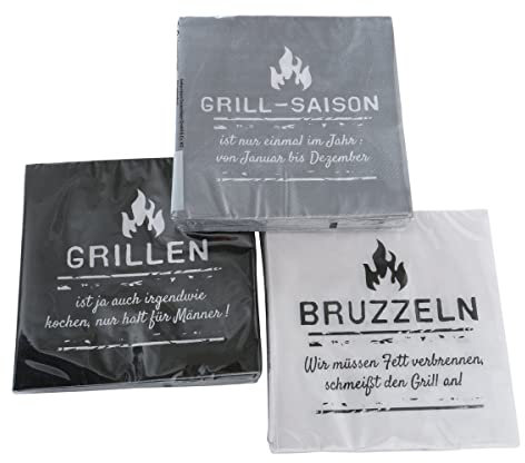 3 x 20 Servietten 'Grill-Saison' Weiß, Grau, Schwarz 3-lagig 33 x 33 cm