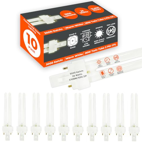 GoodBulb 26 Watt CFL Light Bulbs 2 Pin G24D-3 Base 3000K Warm White 26W High Output 1800 Lumens Double Tube Compact Fluorescent Light Bulbs Plug-in 10 Pack