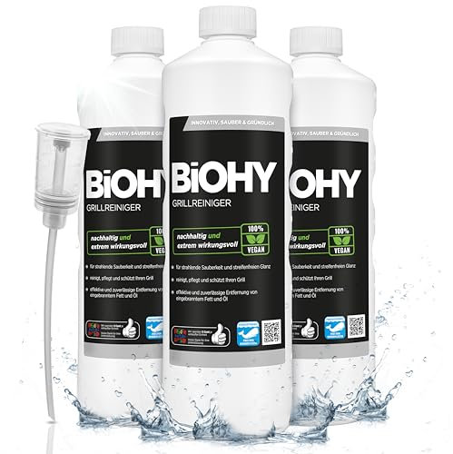BiOHY Grillreiniger (3 x 1 Liter) + Dosierer | Reiniger für Holzkohle-, Gas- und Elektrogrill | Hocheffektiv gegen angebranntes Fett und Öl | Pflegt und schont das Material | Veganes Bio Konzentrat