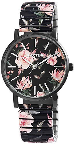 Raptor Colorful Edition Damen-Uhr Zugband Edelstahl Motiv Bunt Print Analog Quarz (schwarz/rosa)